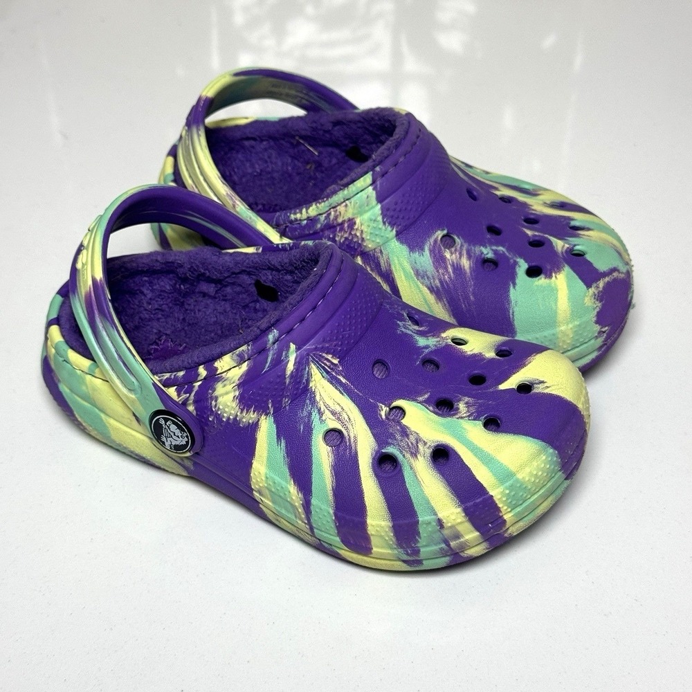 Crocs Classic Lined Tie Dye Clog Kids Size 9 Purple Lime Green Marbled Fuzzy
